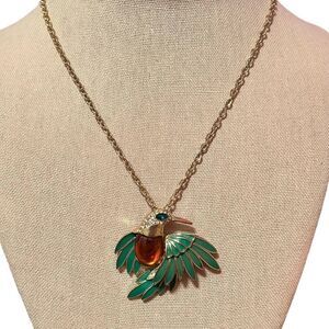 Gorgeous Gold Tone Green Enamel Amber Color Rhinestone Bird Long Necklace